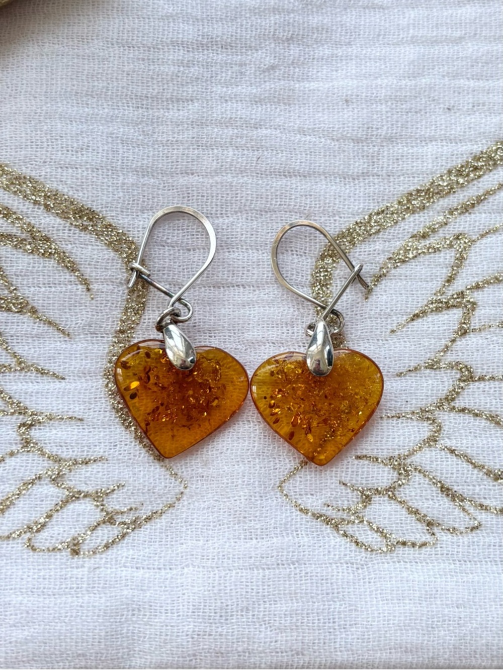 Baltic Amber Heart Drop Earrings - Women's Yellow Amber Dangle Earrings